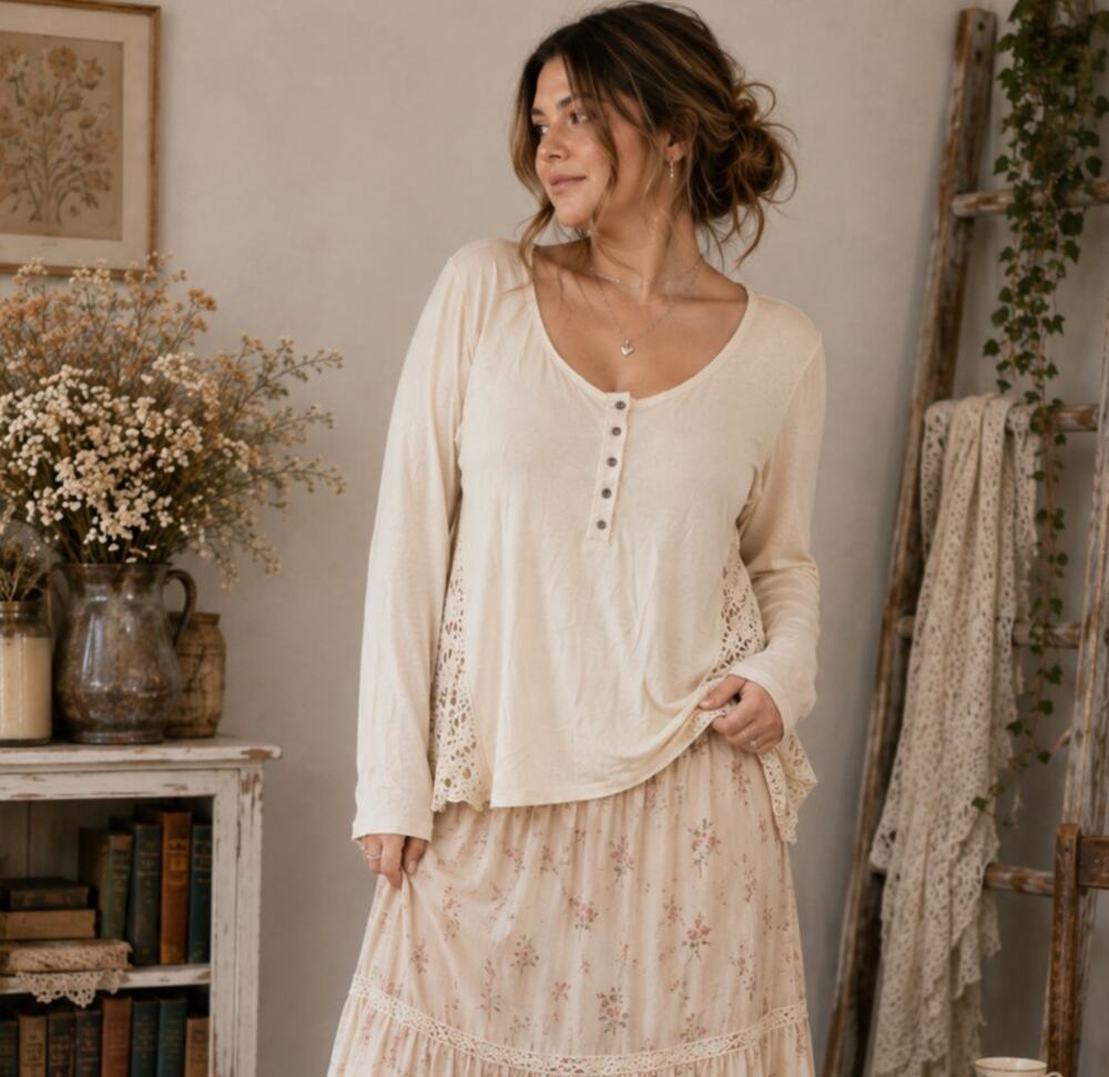Paper + The Women’s 1X Beige Lace Henley Tunic Top Cottagecore